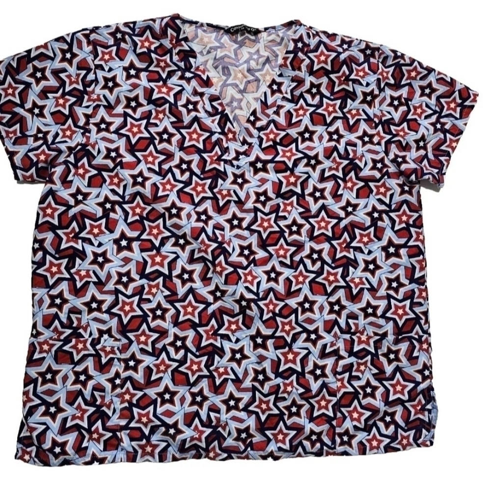 Cassandra O Scrub Top Size 2X Patriotic Red White Blue Stars